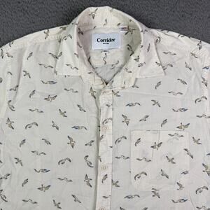 Corridor New York Shirt Mens M Ivory Bird Print Button Up Short Sleeve